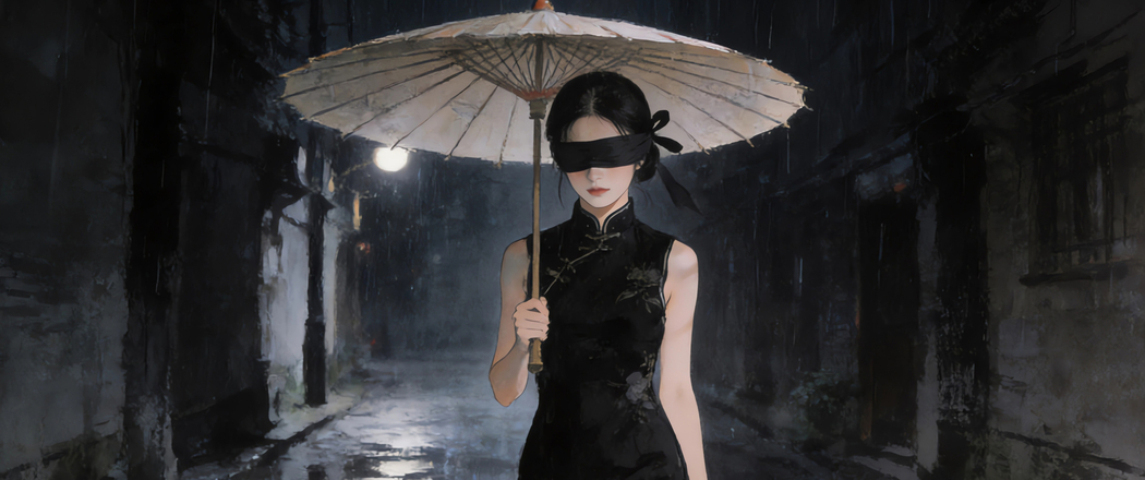 雨夜蒙眼黑色旗袍美女光影4K动漫3440x1440带鱼屏高清壁纸免费下载