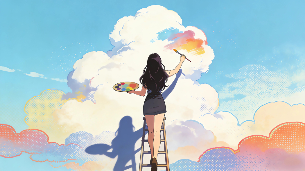 女孩背影画画主题4K动漫壁纸 画板颜料天空云高清3840x2160免费下载