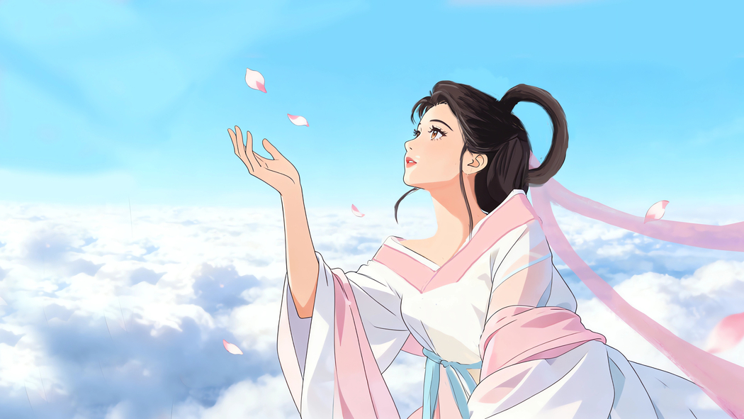 仙女翱翔天空云间花瓣飘 4K动漫高清壁纸3840x2160免费下载