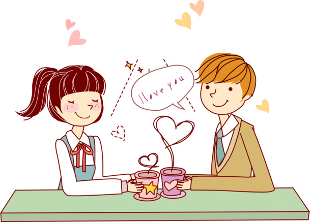 卡通情侣喝茶情人节手绘高清PNG透明图片设计素材免费下载