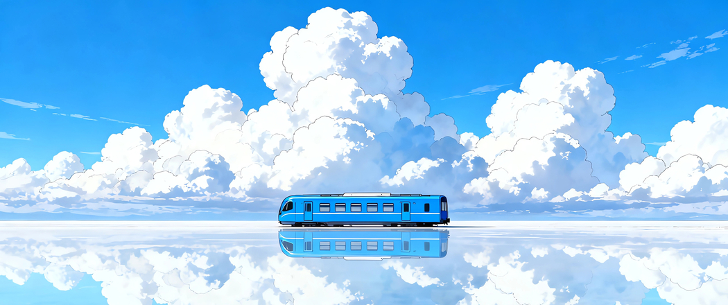 蓝天云层湖面与蓝色列车 3440x1440带鱼屏4K高清风景壁纸免费下载 蓝天云层湖面与蓝色列车 3440x1440带鱼屏4K高清风景壁纸免费下载