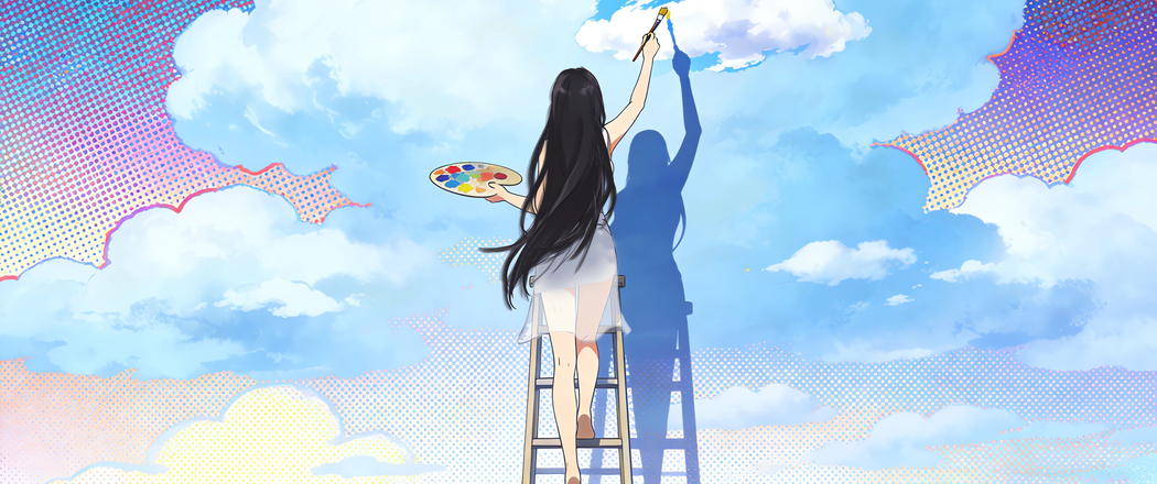 美女画家背影梯子云朵3440x1440 4K动漫高清壁纸免费下载 美女画家背影梯子云朵3440x1440 4K动漫高清壁纸免费下载