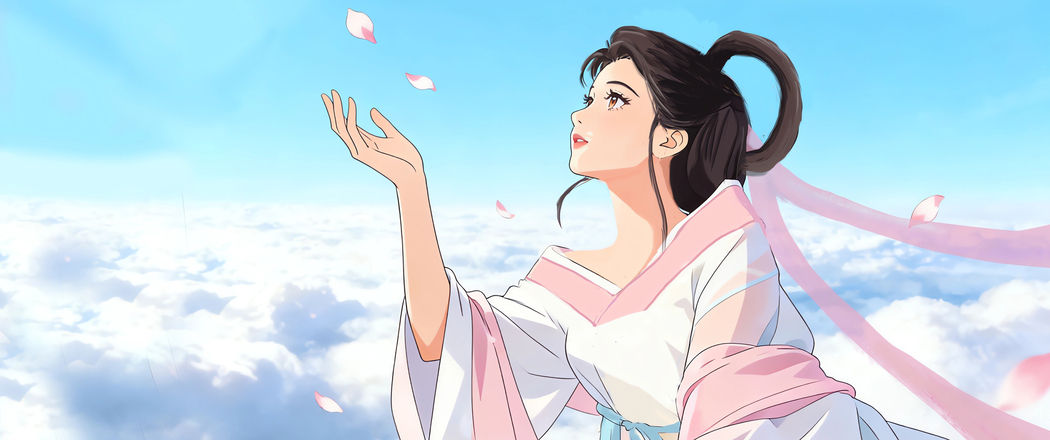 仙女漫步天空云间花瓣飘落 3440x1440带鱼屏4K动漫高清壁纸免费下载