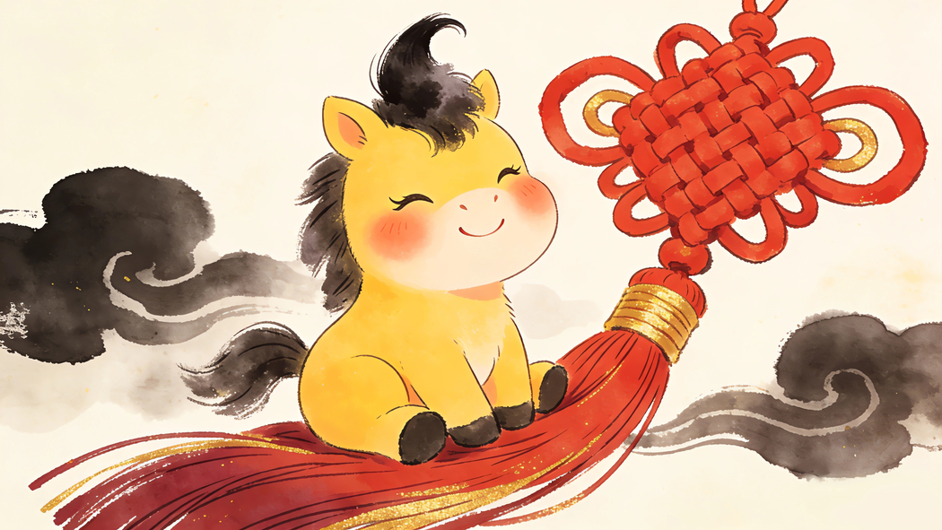 2026马年可爱马宝宝水墨风新年4K高清壁纸3840x2160免费下载