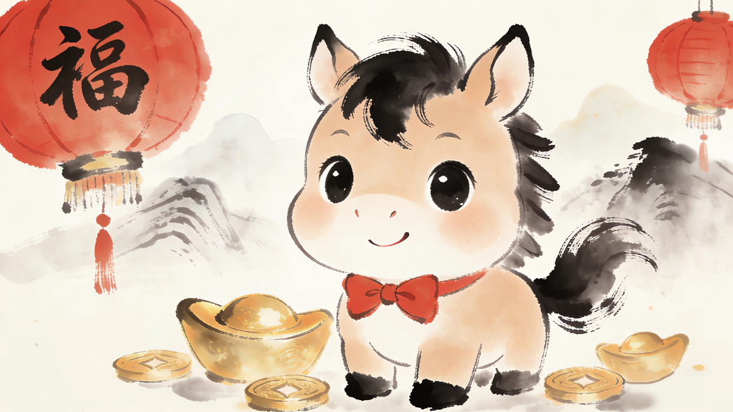 2026可爱小马水墨风4K壁纸,灯笼福字元宝高清背景免费下载 2026可爱小马水墨风4K壁纸,灯笼福字元宝高清背景免费下载
