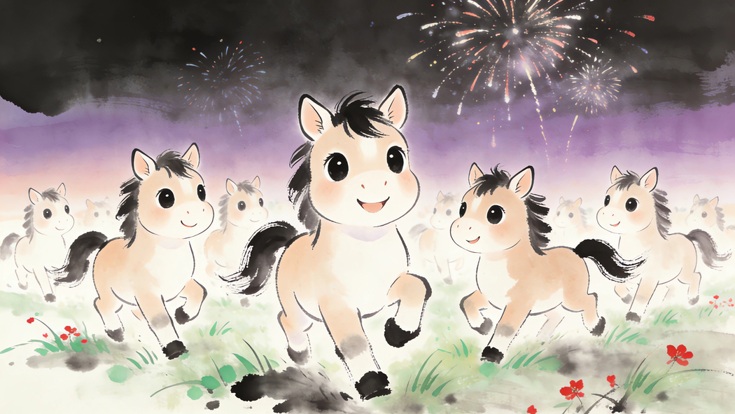 2026马年水墨风可爱小马烟花庆祝新年4K高清壁纸3840x2160免费下载