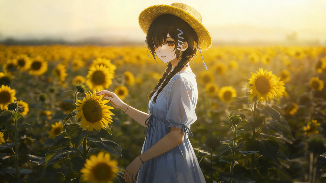 4K高清动漫壁纸，向日葵花海中的双马尾辫女生白色裙子免费下载3840x2160