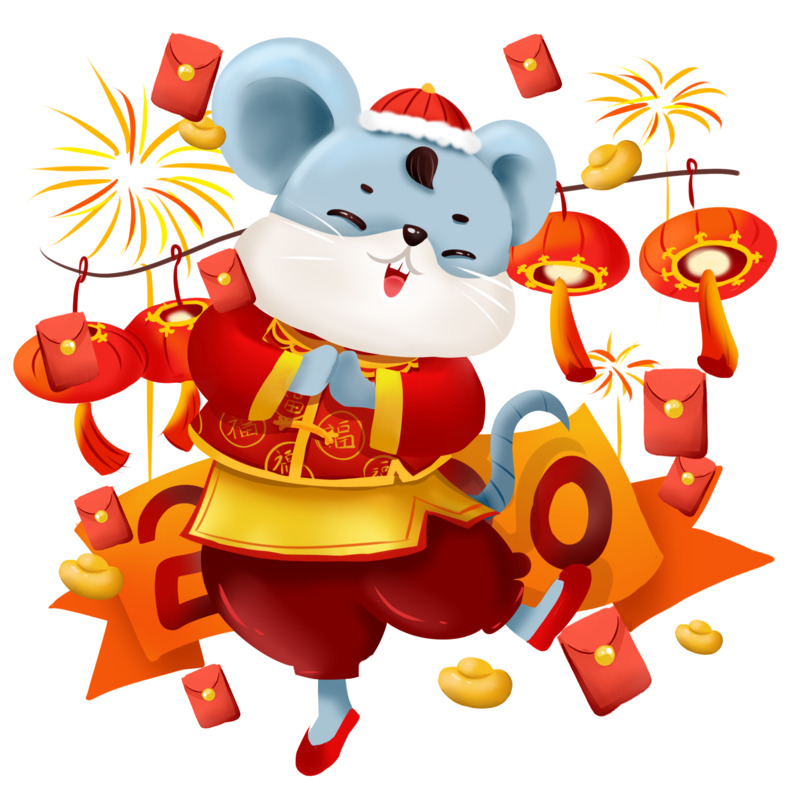 手绘鼠年好运元素，老鼠拜年放鞭炮高清PNG透明图片免费下载