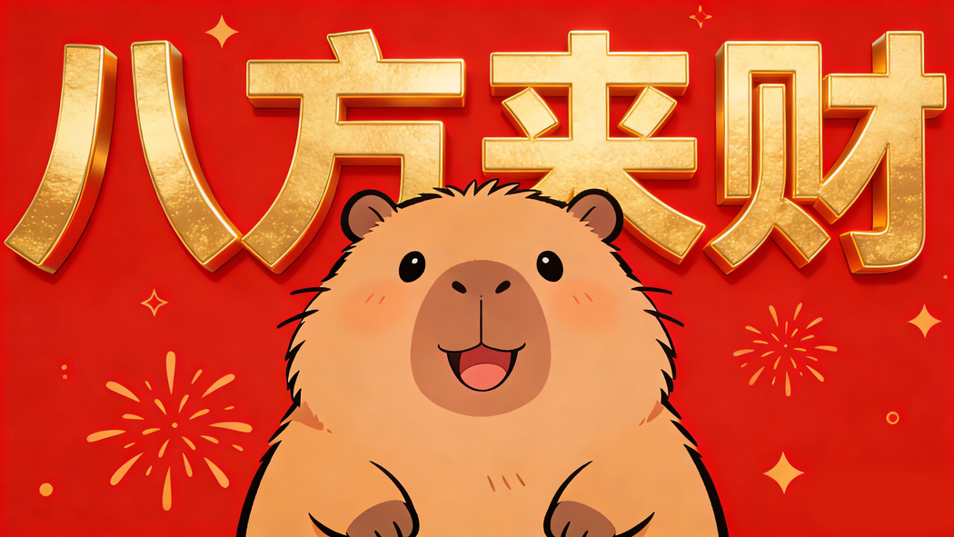 八方来财卡皮巴拉卡通图 红色新年4K高清壁纸3840x2160免费下载