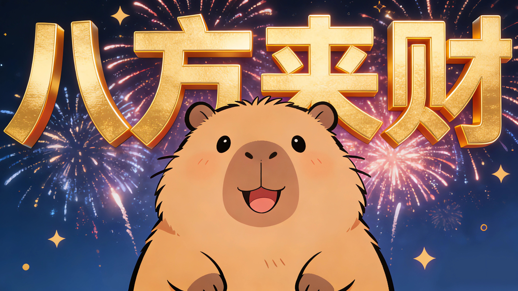 可爱卡皮巴拉八方来财烟花背景4K高清壁纸3840x2160免费下载