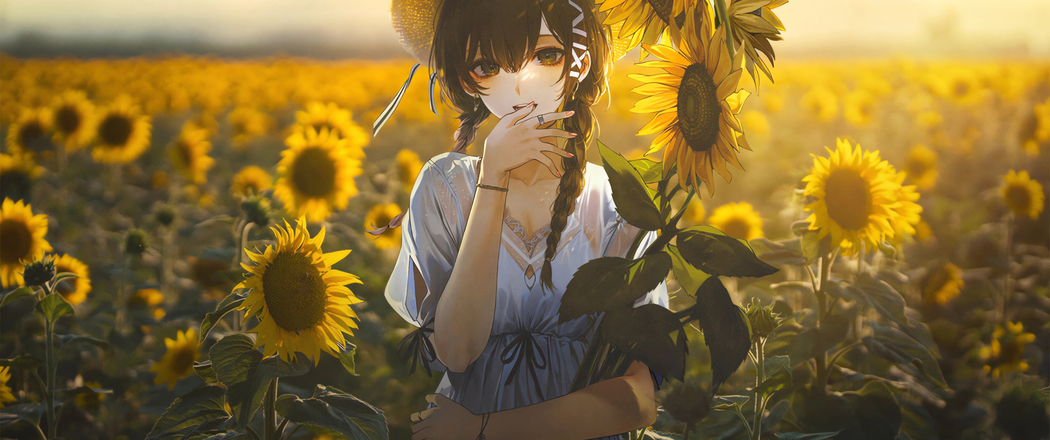 花海姑娘向日葵女生唯美4K动漫风景3440x1440带鱼屏高清壁纸免费下载