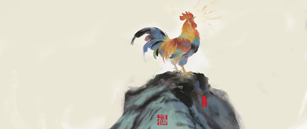 雄鸡报晓水墨画 忘忧草原创3440x1440带鱼屏高清壁纸免费下载