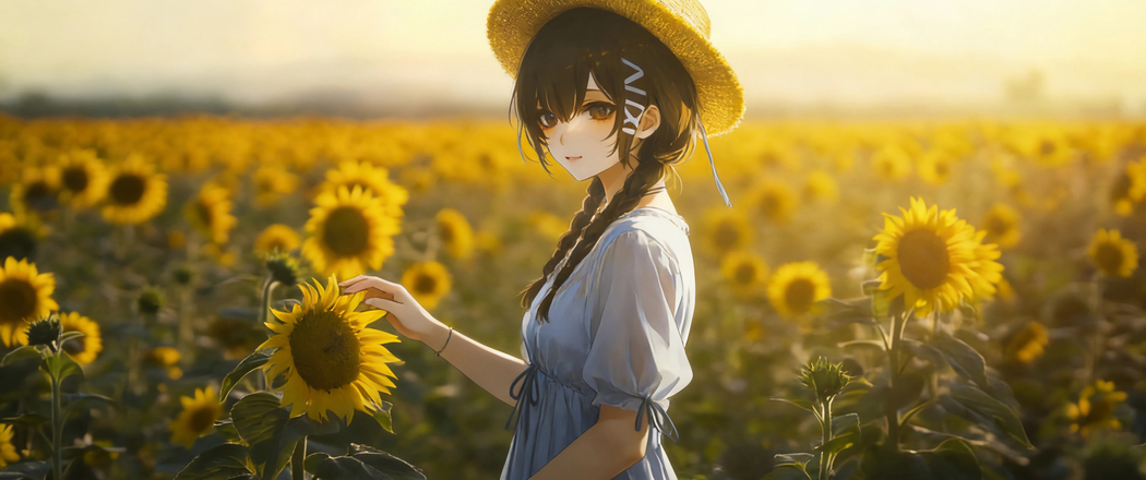 4K高清3440x1440带鱼屏动漫壁纸，向日葵花海中的双马尾辫白色裙子女生免费下载