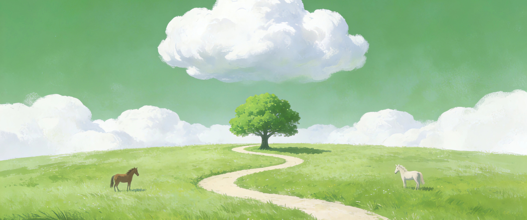 绿色天空云朵草地马儿弯曲小路小树小清新4K带鱼屏风景壁纸3440x1440免费下载