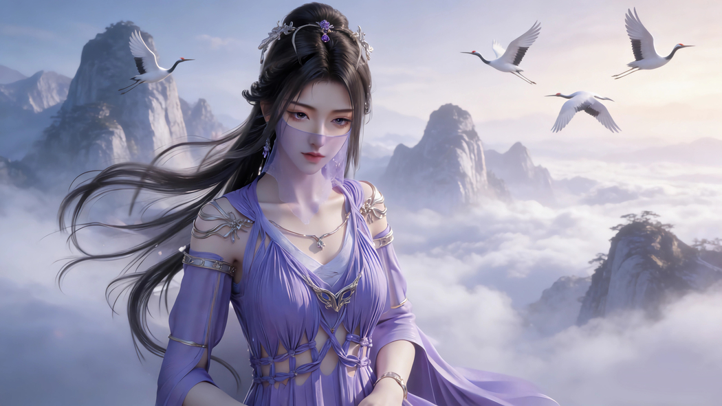 天空云海仙鹤紫灵4K动漫高清桌面壁纸3840x2160免费下载