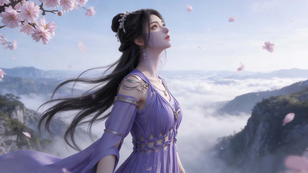 紫灵长发紫色裙子动漫樱花4K高清壁纸3840x2160免费下载