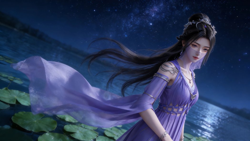 星空荷塘紫灵4K动漫高清电脑壁纸3840x2160免费下载