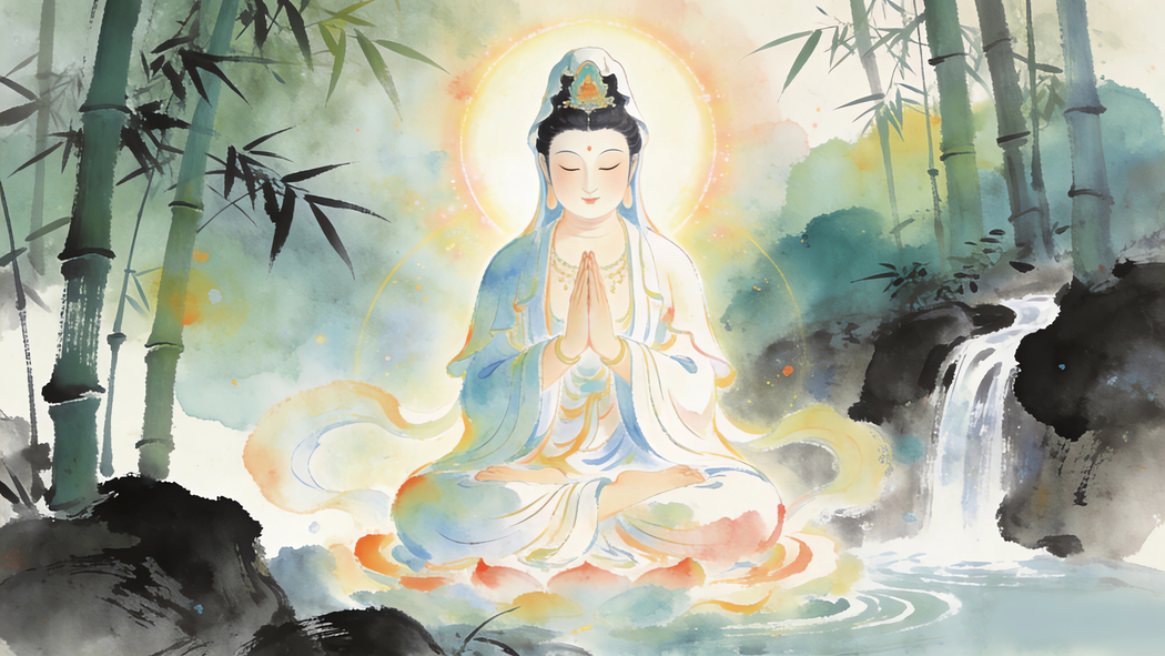 观音菩萨竹林瀑布水墨风4K宗教高清壁纸3840x2160免费下载