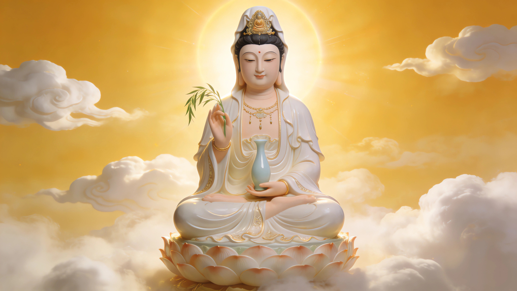 观音菩萨坐莲台持玉净瓶祥云光4K宗教高清壁纸3840x2160免费下载