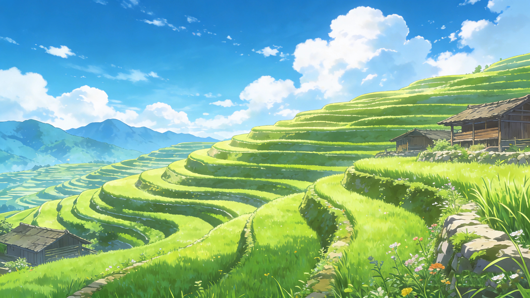 绿色梯田小木屋蓝天白云4K高清风景壁纸3840x2160免费下载