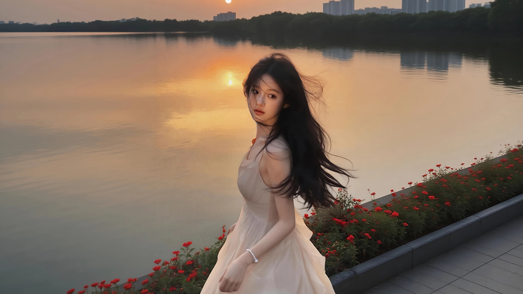 4K高清美女回眸城市湖水倒影壁纸3840x2160免费下载