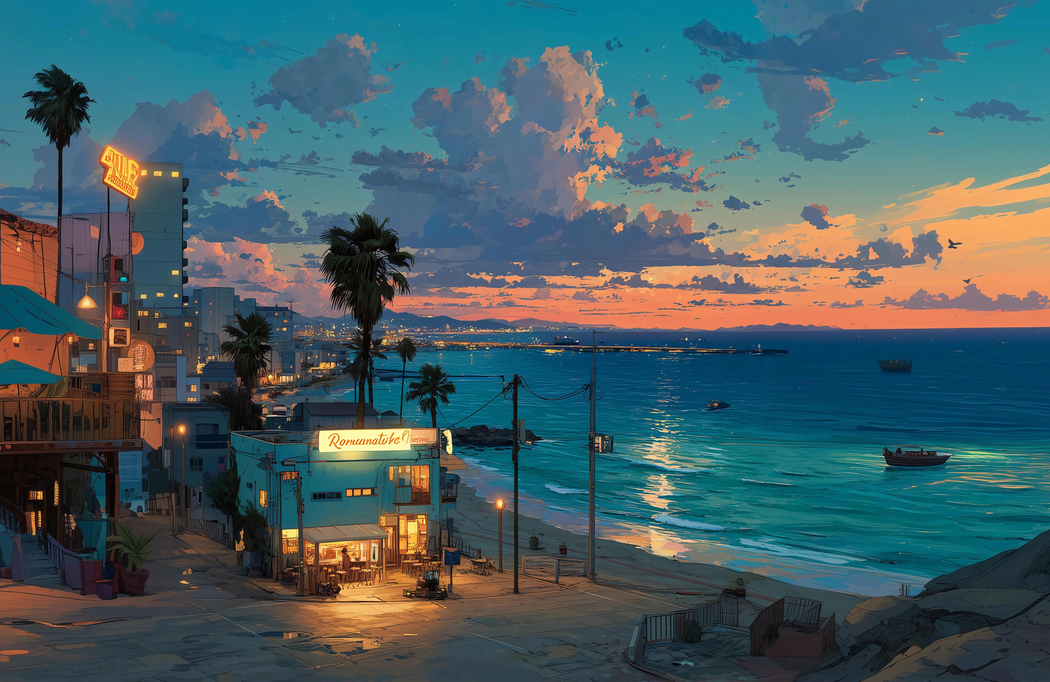 云彩映衬下的夜晚海滨小城4K高清夜景壁纸3840x2494免费下载