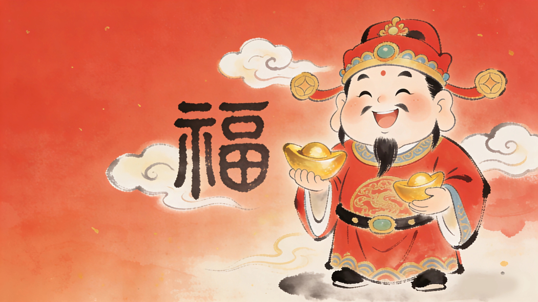 财神元宝福字红色背景水墨风4K高清壁纸3840x2160免费下载