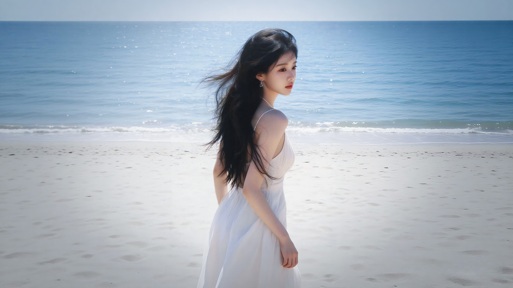 白裙优雅美女回眸海滩背景 4K高清沙滩美女壁纸3840x2160免费下载