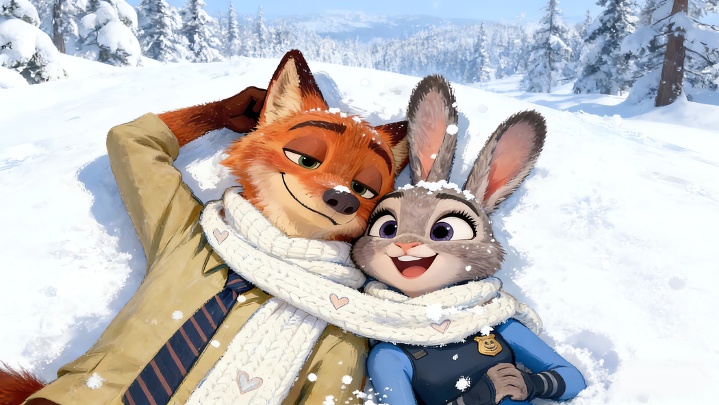 疯狂动物城2朱迪狐尼克雪地围巾浪漫雪景4K高清壁纸3840x2160免费下载
