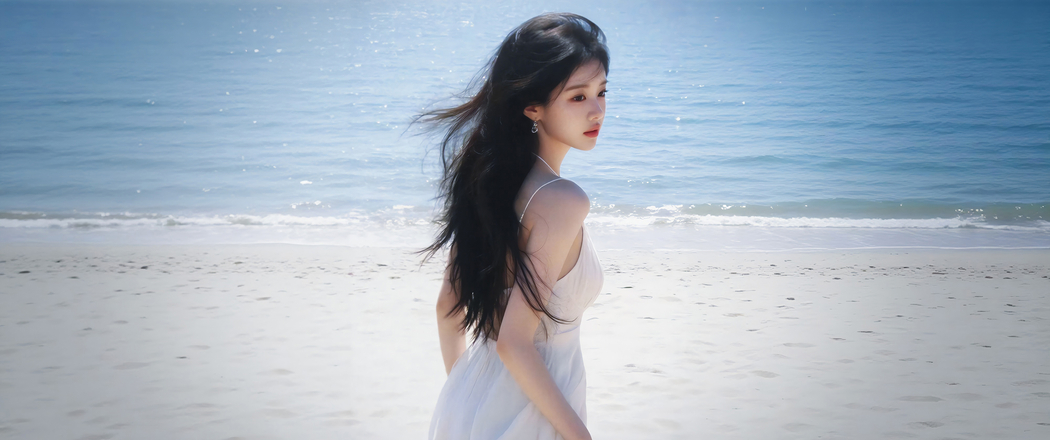 海滩回眸白裙优雅美女 3440x1440带鱼屏4K高清壁纸免费下载