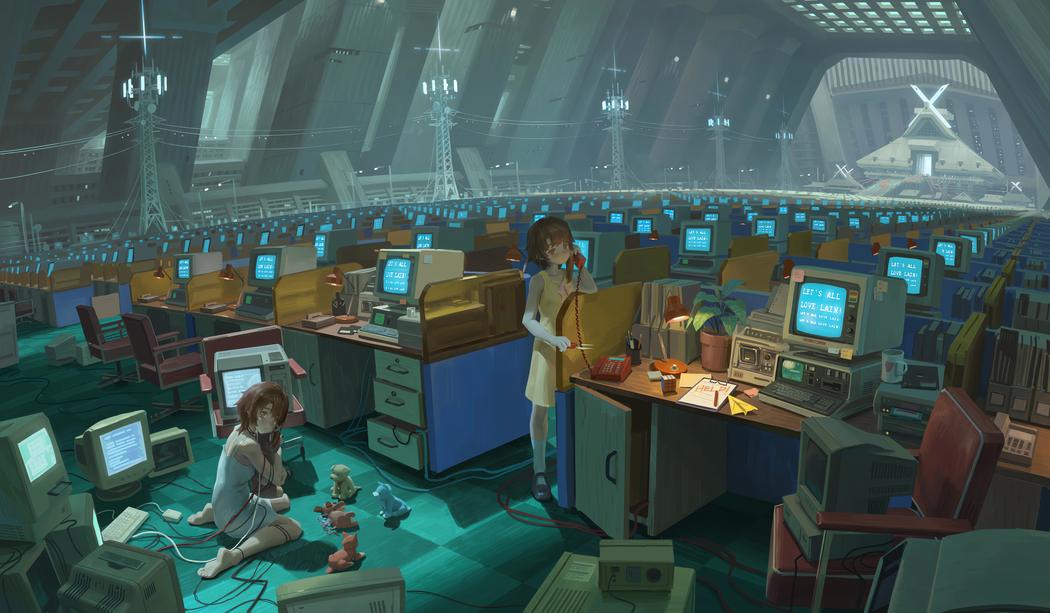 电脑室中两个女生旁电脑桌背景 4K动漫壁纸高清3840x2243免费下载