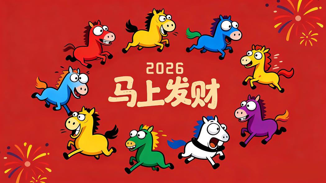 2026年九匹可爱卡通马红色背景4K高清壁纸3840x2160免费下载