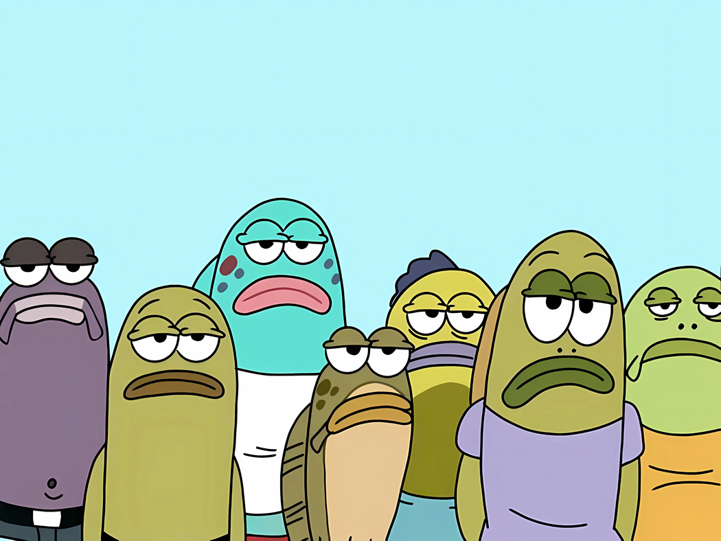 海绵宝宝表情严肃与鱼群4K动漫高清壁纸3840x2880免费下载