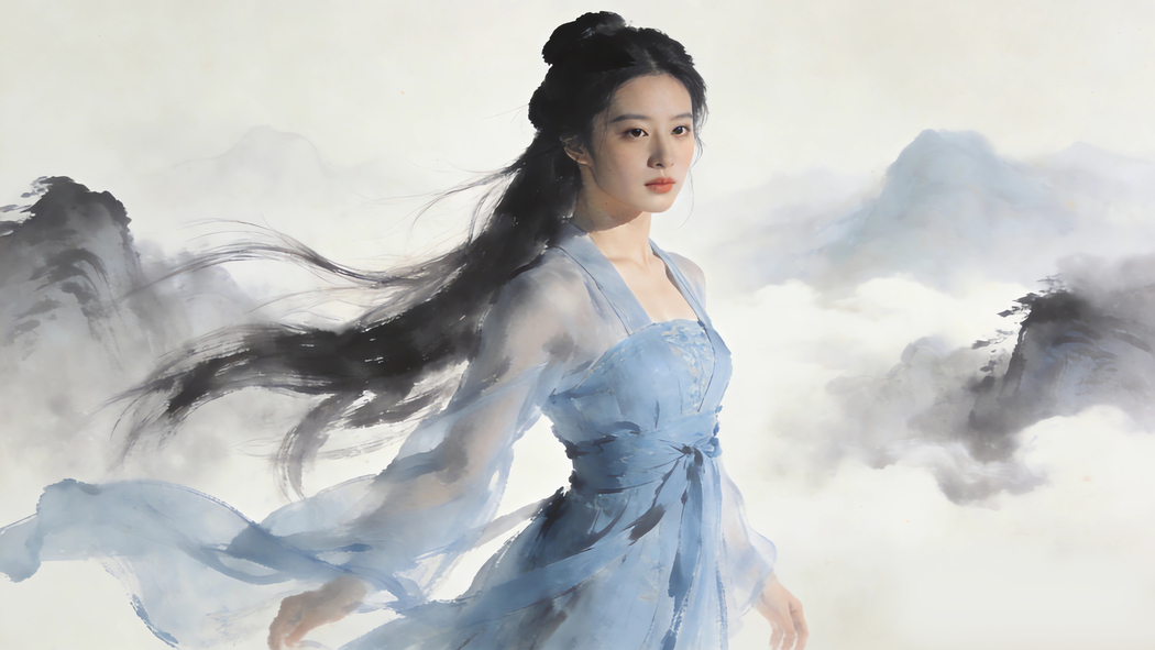 水墨风古风长发蓝裙美女4K动漫高清壁纸3840x2160免费下载