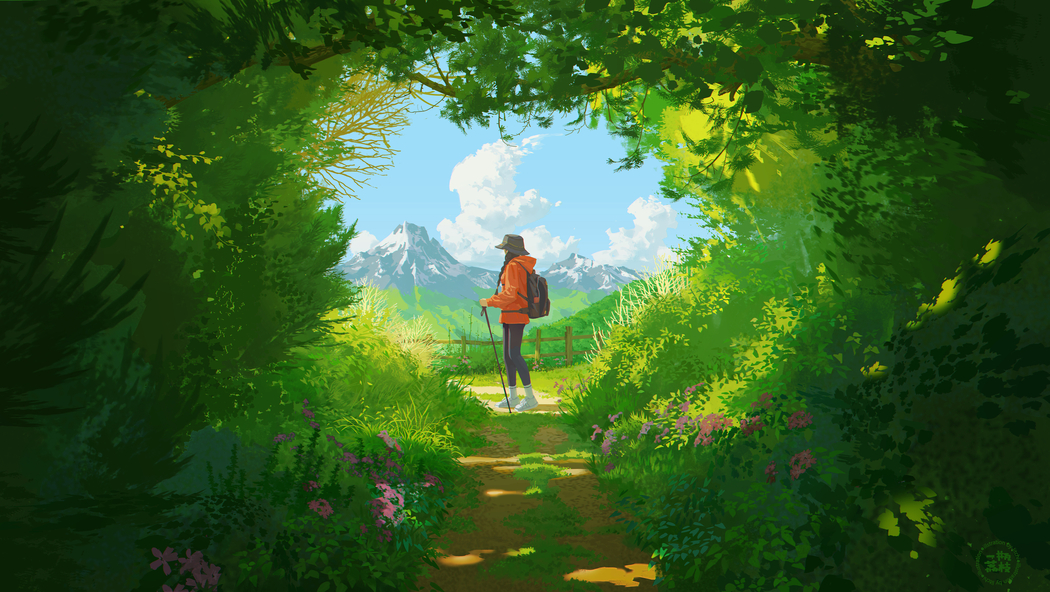 女性户外风景4K高清动漫壁纸 阳光云朵山脉绿叶小径4000x2256免费下载