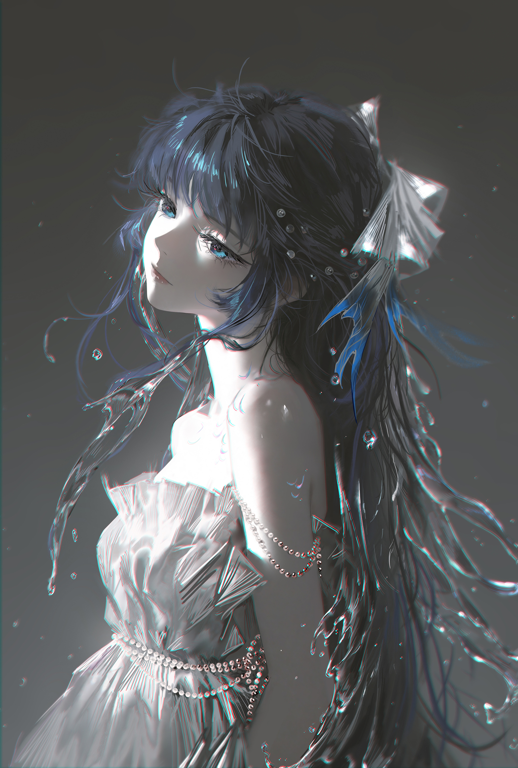 唯美4K高清动漫女孩壁纸 蓝眼睛长发连衣裙 2593x3840手机免费下载