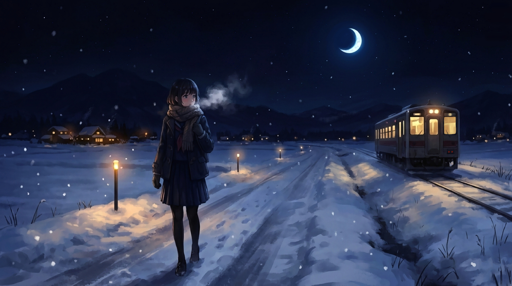 雪夜铁路上的短发动漫女孩4K高清壁纸3870x2160免费下载