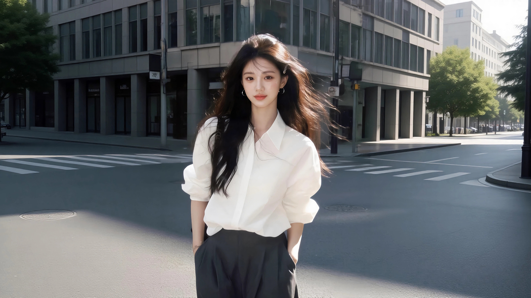 城市街道长发白色衬衫美女4K高清壁纸3840x2160免费下载 城市街道长发白色衬衫美女4K高清壁纸3840x2160免费下载