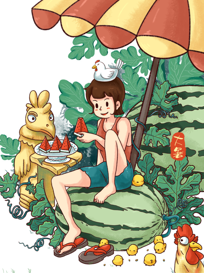 大暑夏天手绘卡通人物西瓜遮阳伞高清PNG透明设计素材免费下载