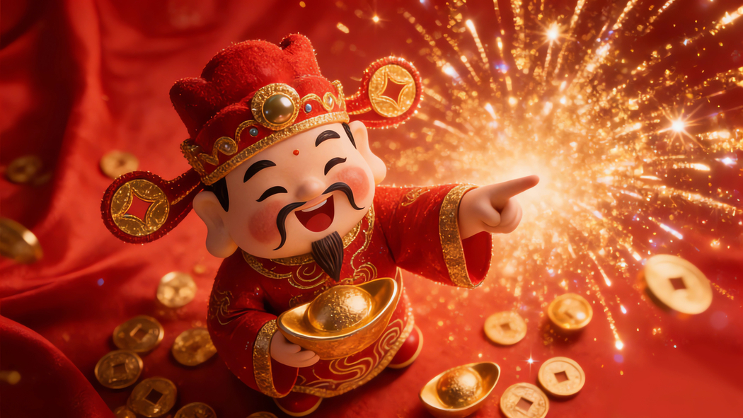 财神元宝喜庆背景配新年烟花4K高清壁纸3840x2160免费下载