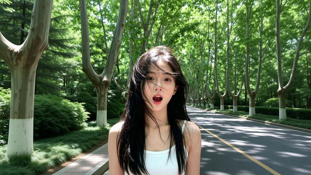 绿荫道路旁清纯美女惊讶表情 4K高清壁纸3840x2160免费下载