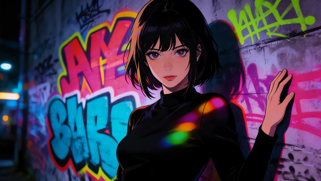 涂鸦墙前黑色衣服气质短发美女4K动漫高清壁纸3840x2160免费下载 涂鸦墙前黑色衣服气质短发美女4K动漫高清壁纸3840x2160免费下载