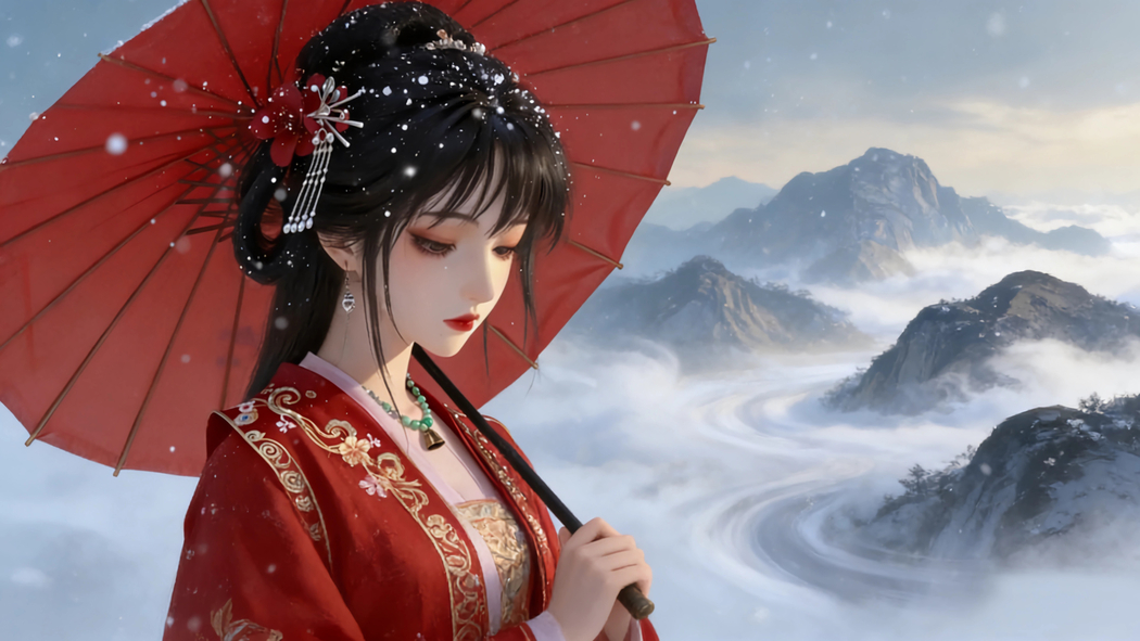 红色伞古风美女山雾4K高清动漫电脑壁纸3840x2160免费下载