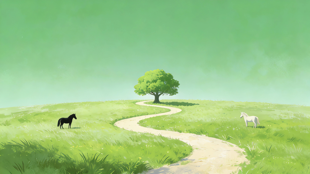 清新风景绿草地一棵树与马儿4K高清壁纸3840x2160免费下载
