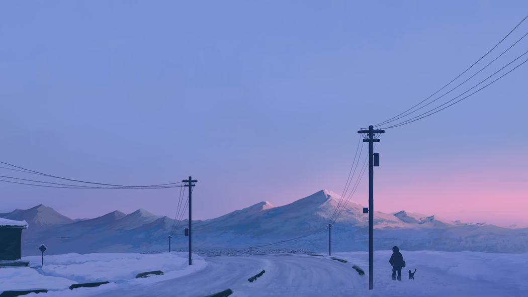 冬季山脉雪景4K高清壁纸，道路、人、猫与电线杆的唯美风景3840x2160免费下载