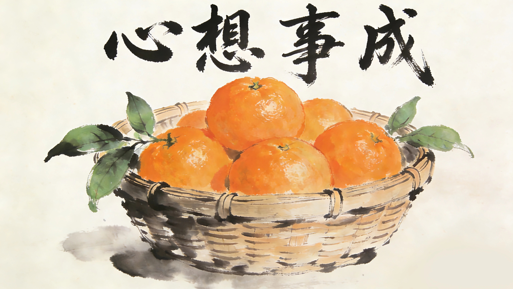 心想事成水墨风一筐橙子4K高清壁纸3840x2160免费下载