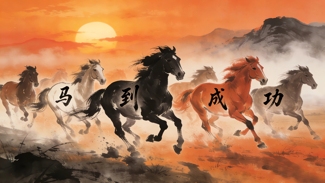 日出水墨风马到成功 4K高清奔跑骏马动物壁纸3840x2160免费下载