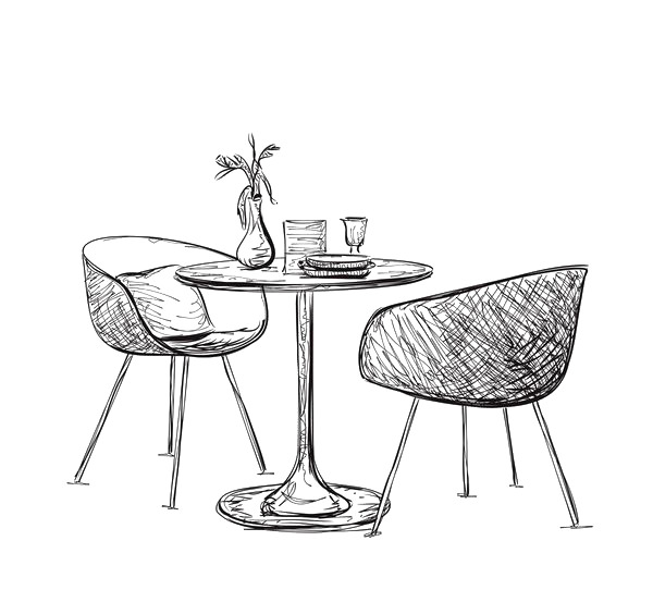 手绘圆桌与2个板凳高清PNG透明免扣图标设计素材免费下载