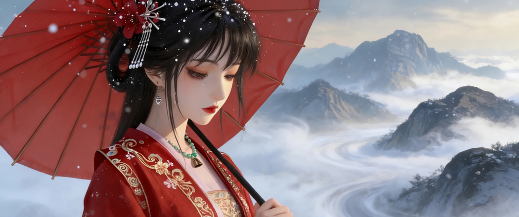 红伞古风美女山雾3440x1440带鱼屏4K高清动漫壁纸免费下载