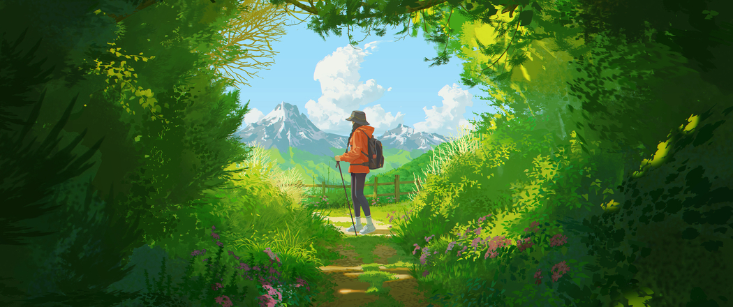 登山女孩风景动漫壁纸 阳光云朵山脉3440x1440护眼4K免费下载